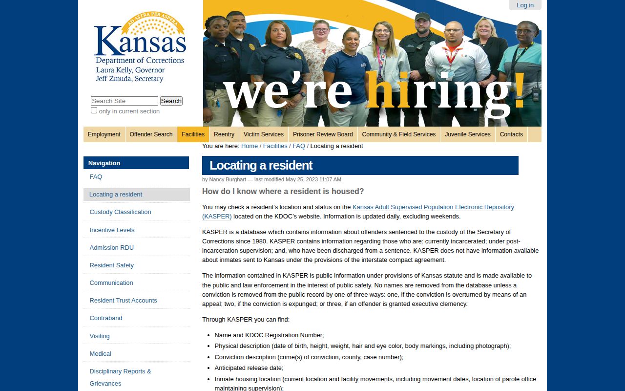 Kansas Department of Corrections KASPER coverage and anticipated release record information